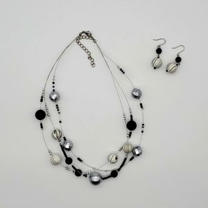 Illusion White, Black and Silver beaded Necklace and Matching Earrings